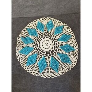 Handmade Crocheted Doily Blue Beads White 11" Across‎ Vintage Cottage Farmhouse